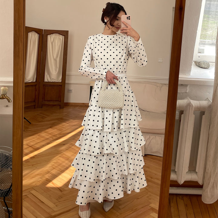 Women's maxi dress with ruffle details and fashionable polka dot design