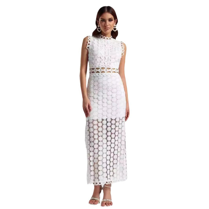 Women's Elegant Lace Maxi Dress with Transparent Inserts and Decorative Ruffle Details