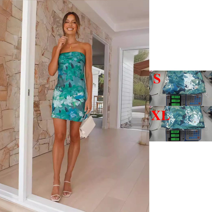 Women’s bandeau dress with floral accents and fitted cut