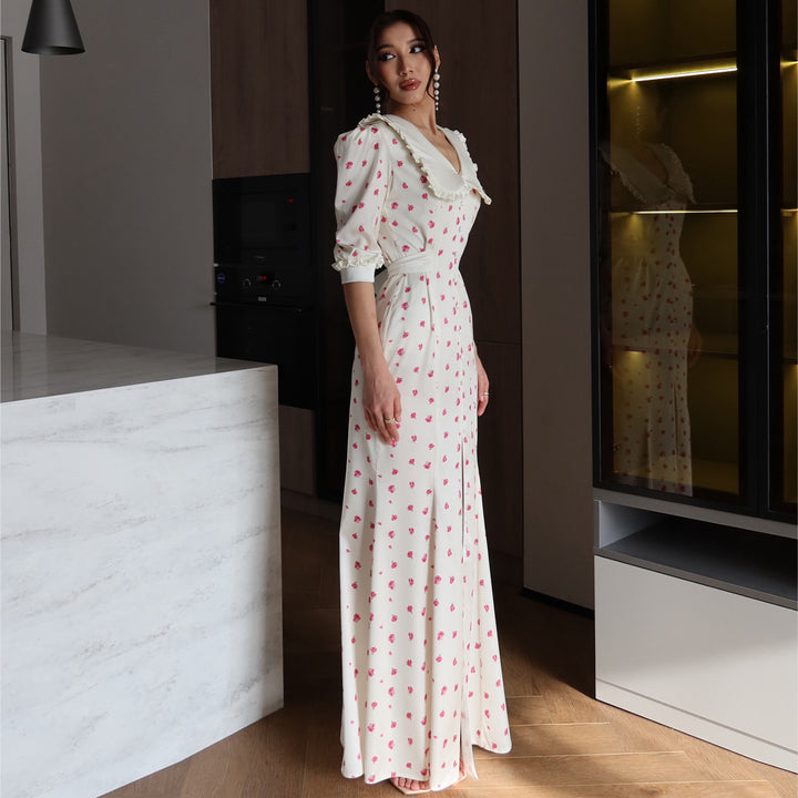 Ladies maxi dress with elegant collar trim and floral accents