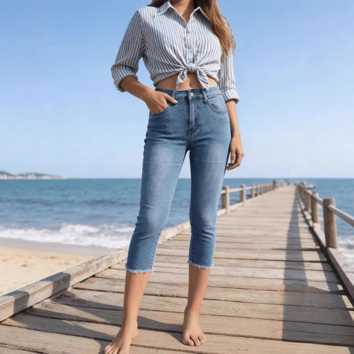 Women's casual high-waist jeans with frayed hem and trendy cut Lisslune