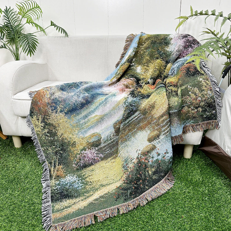 Rynx | Apartment decor inspiration Household flowers sofa blanket Polyester cotton 130 * 160cm with tassels Universal lounge blanket Coffee table tablecloth