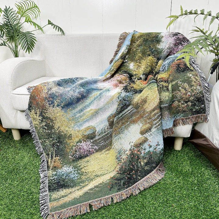 Rynx | Apartment decor inspiration Household flowers sofa blanket Polyester cotton 130 * 160cm with tassels Universal lounge blanket Coffee table tablecloth
