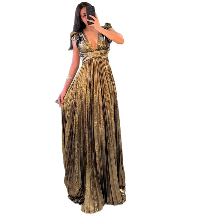 Ladies Glamorous Pleated Maxi Dress with Deep V-Neck and Puff Sleeves Lisslune
