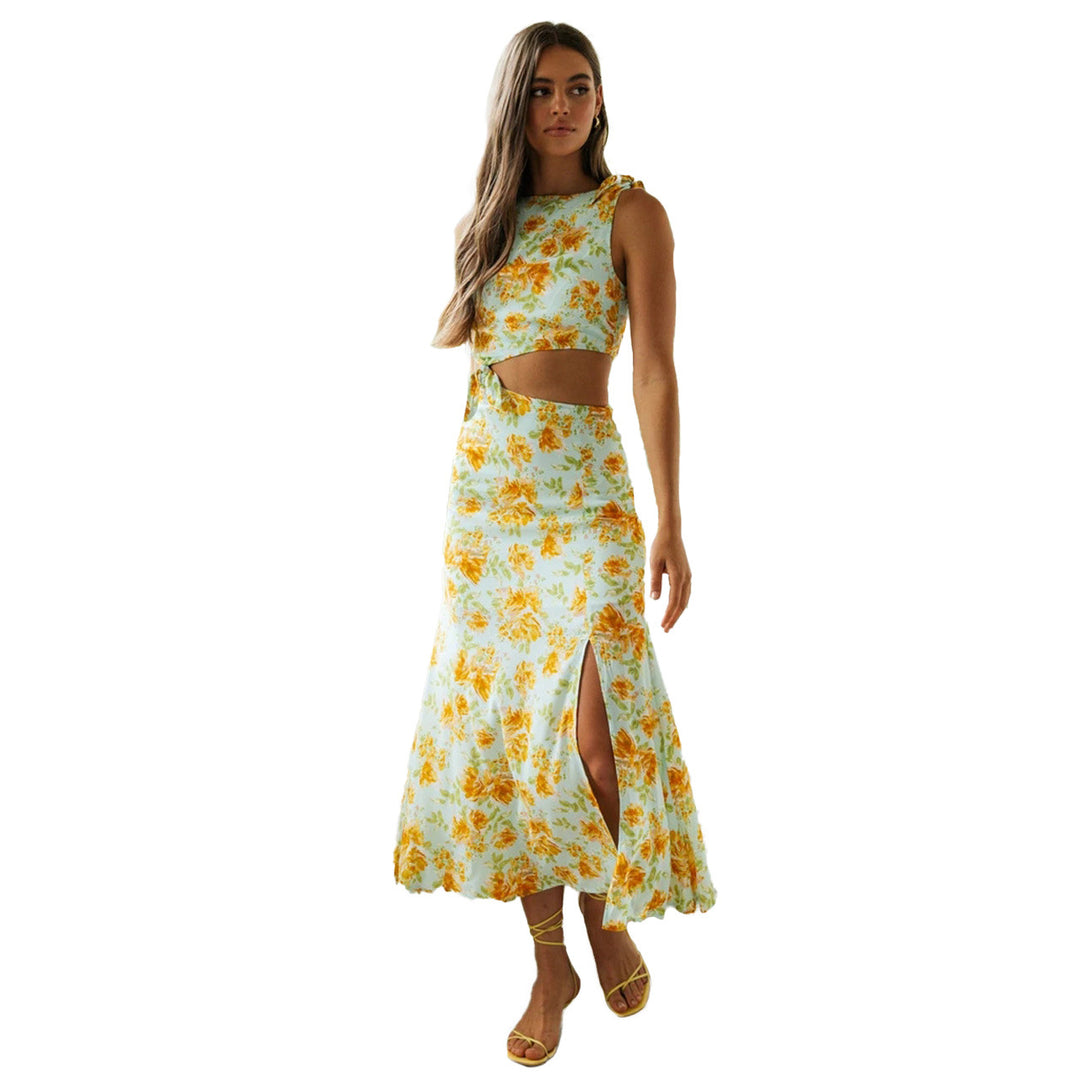 Women's two-piece set made of floral fabric with high slit and fitted top Lune London