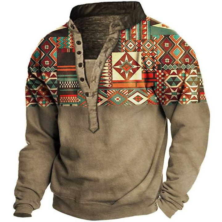 Men's fleece pullover with unique ethnic pattern and practical button details Lisslune
