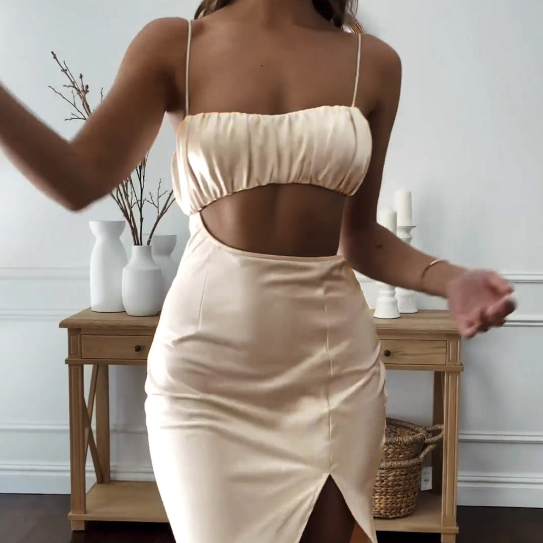 Damen Elegantes Cut-Out Kleid mit schmalen Spaghetti-Trägern und drapiertem Oberteil Lisslune