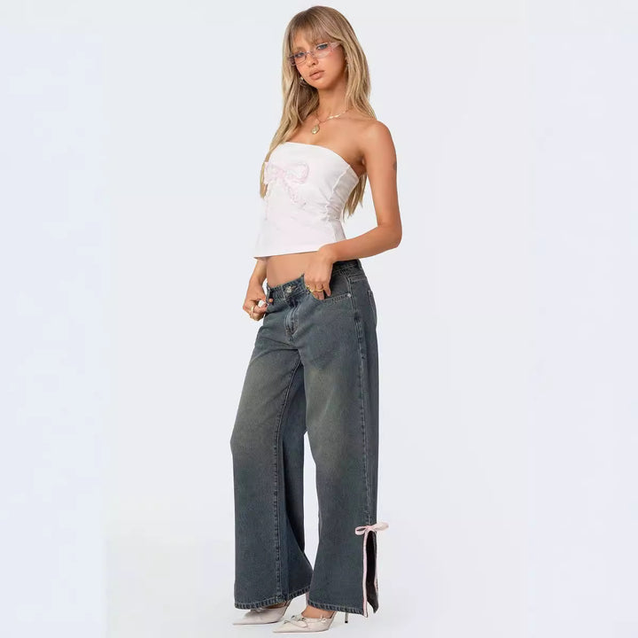 Ladies High Waist Denim Pants with Fashionable Bow Details Lisslune