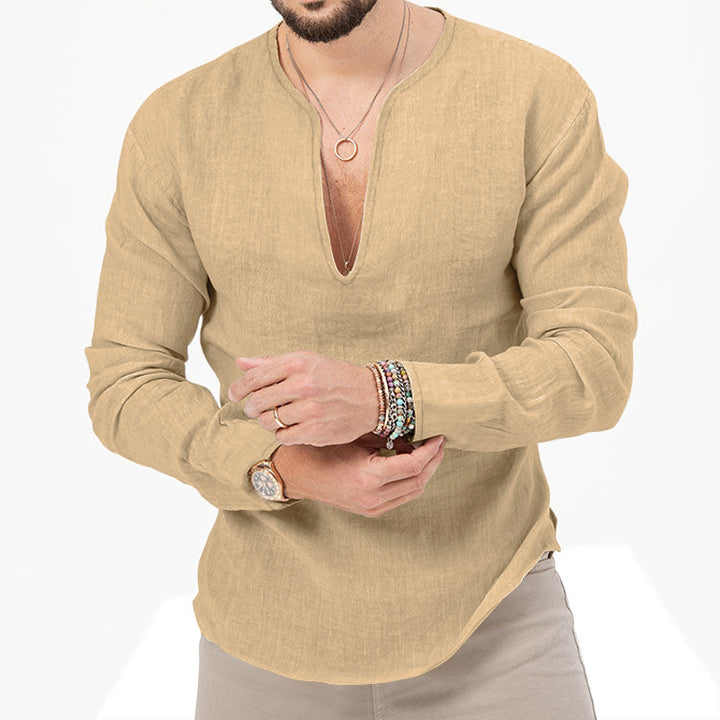 Men's Lightweight Linen Shirt with Deep V-Neck and Long Sleeves Lisslune