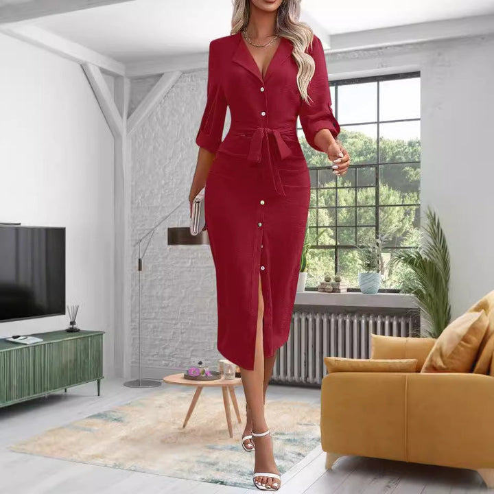 Damen Knielanges Hemdblusenkleid mit Gürtel und Modernem Revers Lisslune