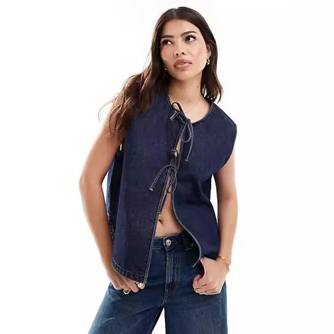 Women's Denim Bustier Vest with Lacing Lisslune