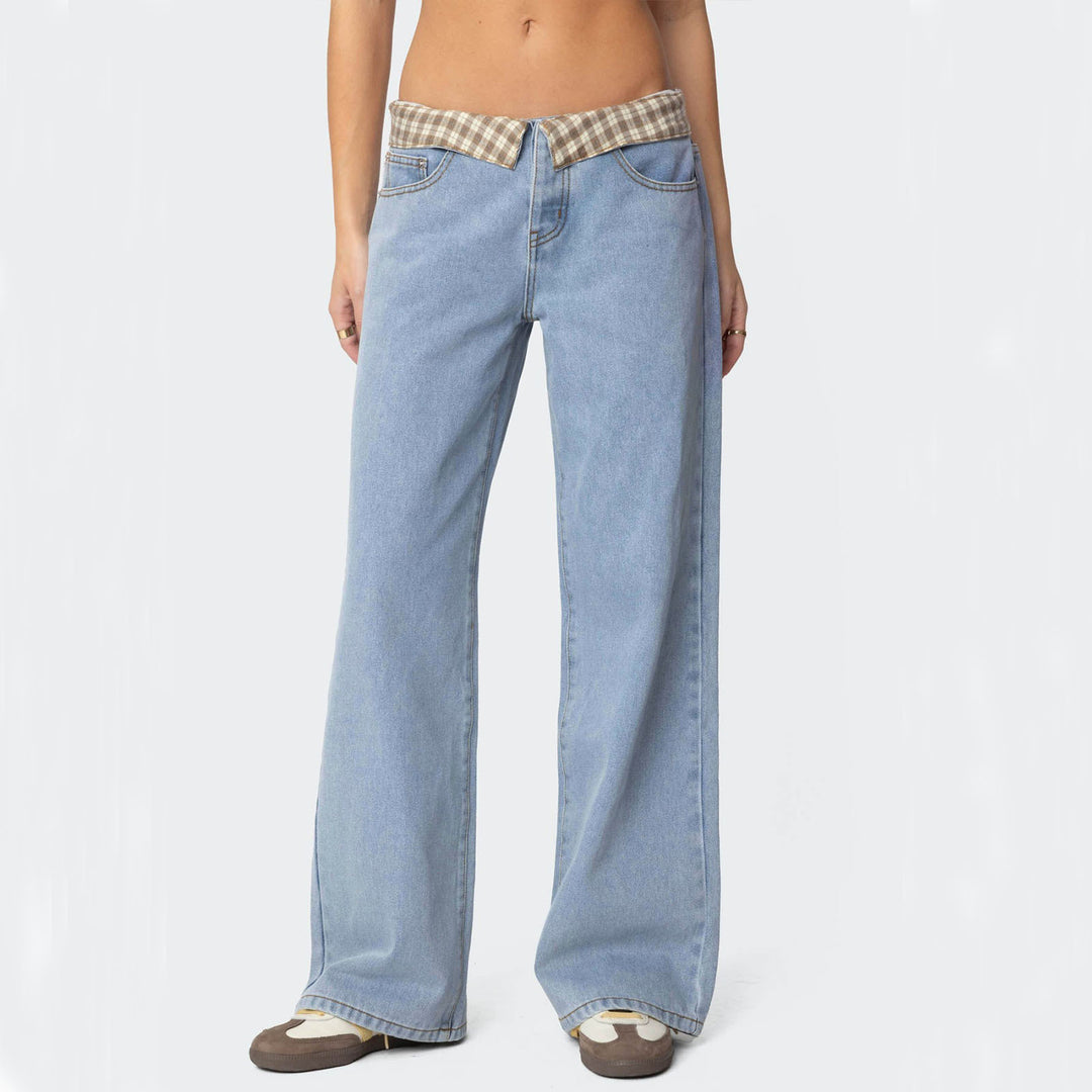 Damen Weite Jeans mit kariertem Bund Lisslune
