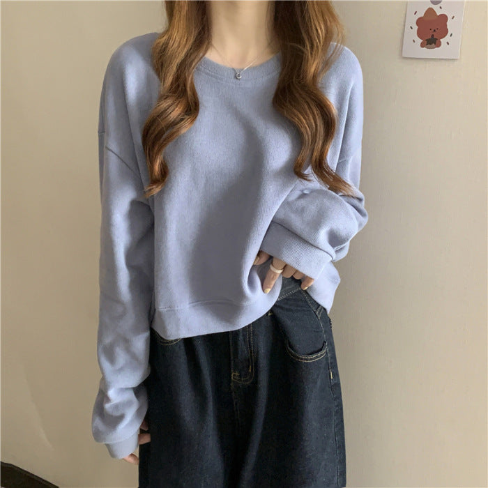 Women's casual cropped sweater made of soft cotton blend with stylish round neckline Lisslune