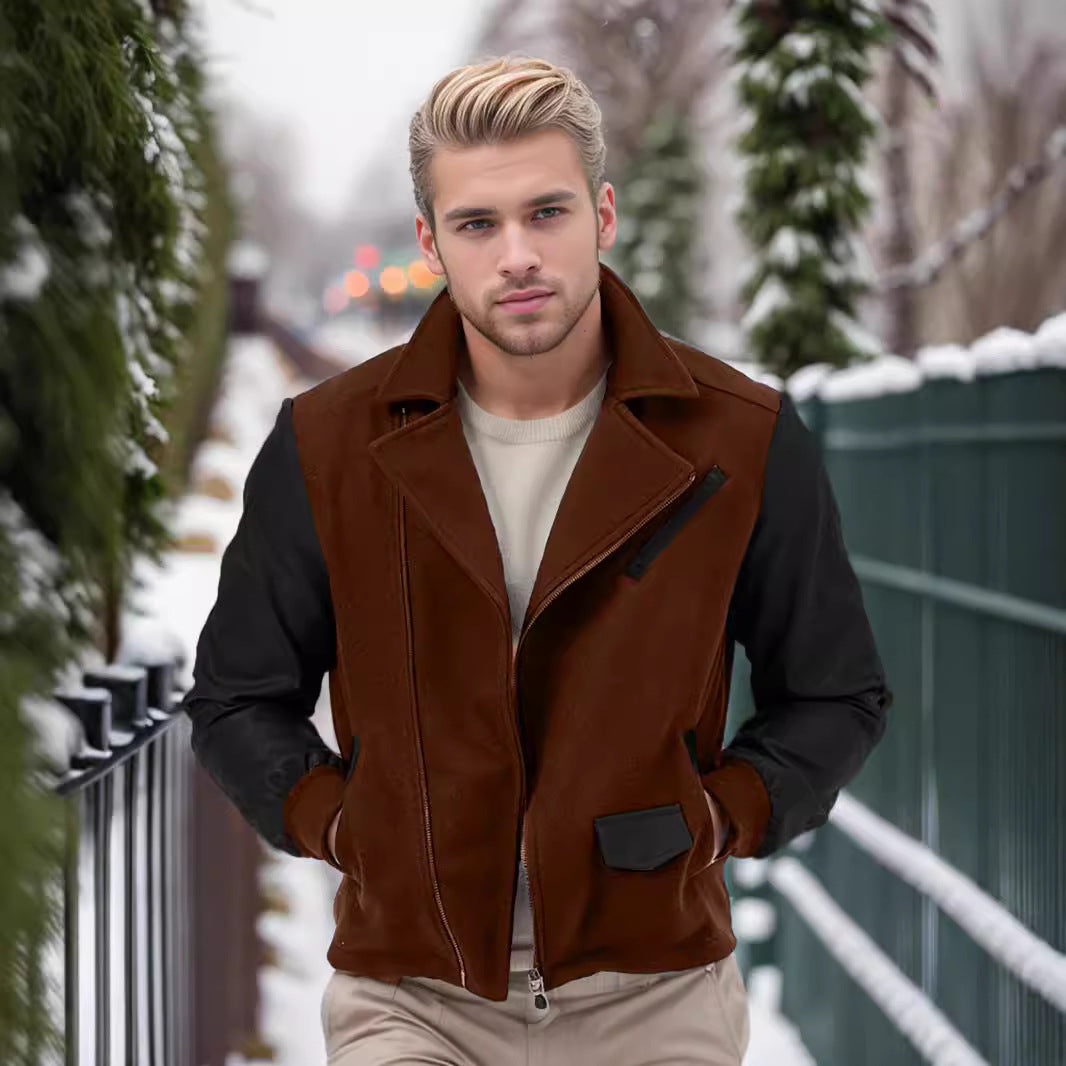 Men's fashionable fleece combination jacket with leather accents Lisslune