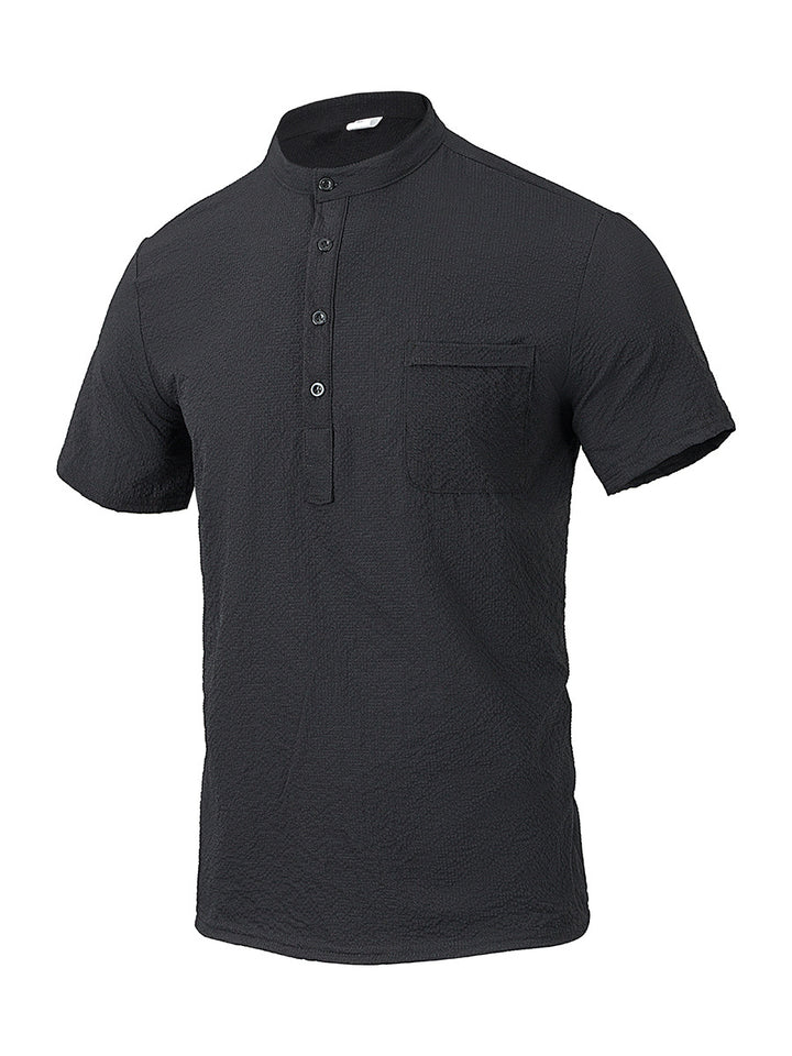 Men's Short Sleeve Shirt with Modern Stand Collar and Subtle Texture Lisslune