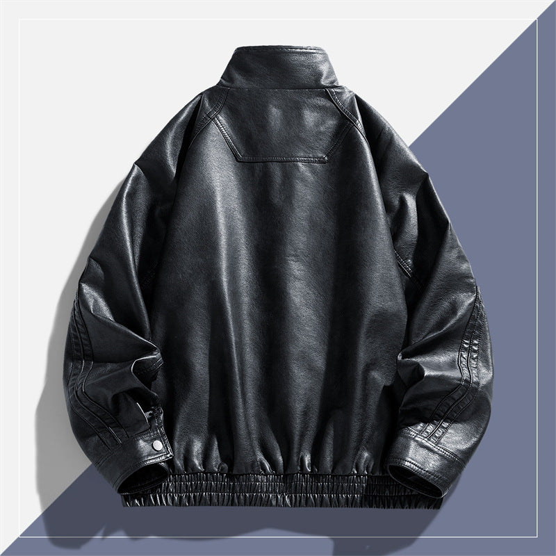 Men's Casual Synthetic Leather Jacket with High Collar and Elastic Hem Lisslune