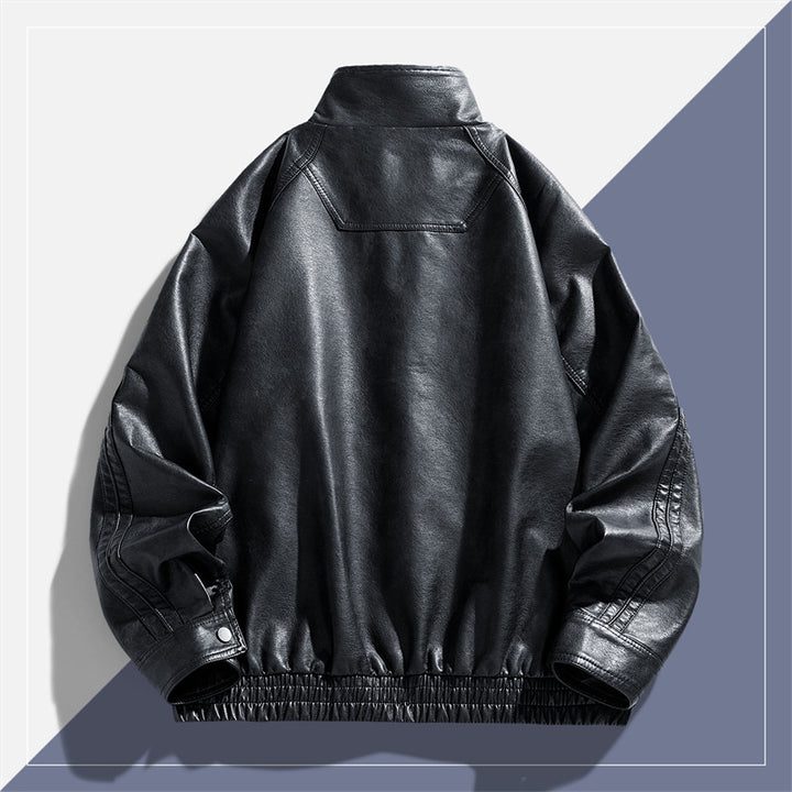 Men's Casual Synthetic Leather Jacket with High Collar and Elastic Hem Lisslune