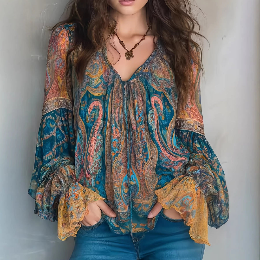 Damen Boho-Chic Bluse mit geflammten Ärmeln und V-Ausschnitt Lisslune