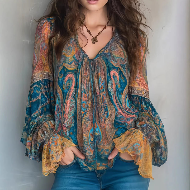 Damen Boho-Chic Bluse mit geflammten Ärmeln und V-Ausschnitt Lisslune