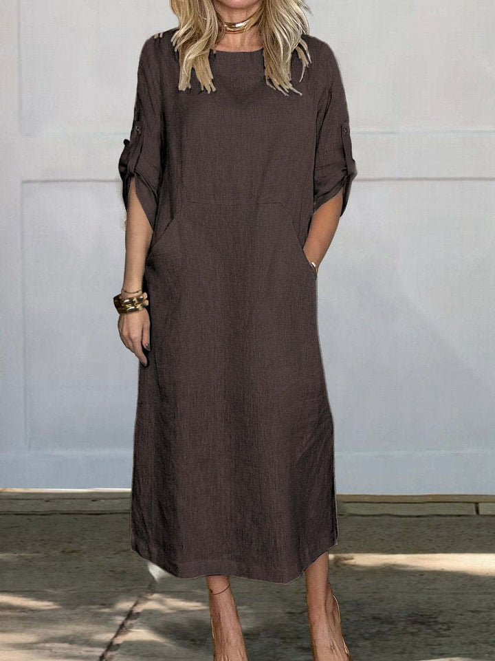 Women Casual Linen Midi Dress with Side Pockets and Roll-Up Sleeves Lisslune