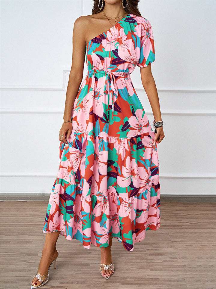 Women's maxi dress in asymmetrical design with floral pattern and wrap belt Lisslune