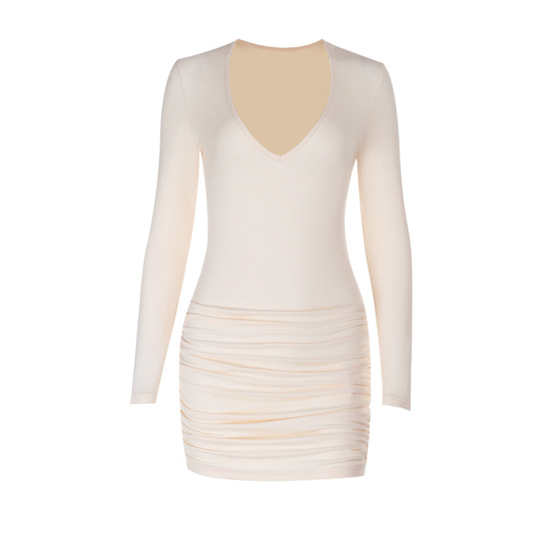 Women's fitted mini dress with deep V-neckline and stylish ruffle design
