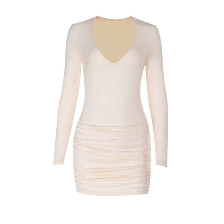 Women's fitted mini dress with deep V-neckline and stylish ruffle design