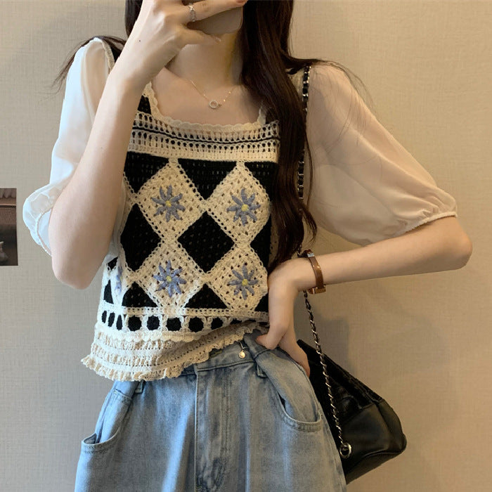 Women's crochet top with transparent puff sleeves and diamond-shaped design