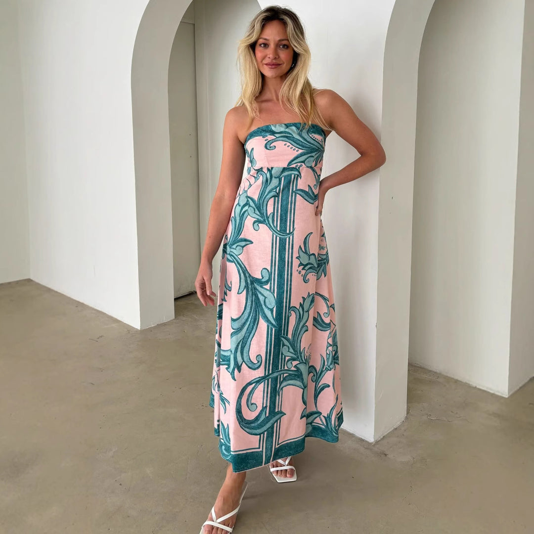 Women's Bandeau Maxi Dress with Elegant Floral Print and Flowing Cut