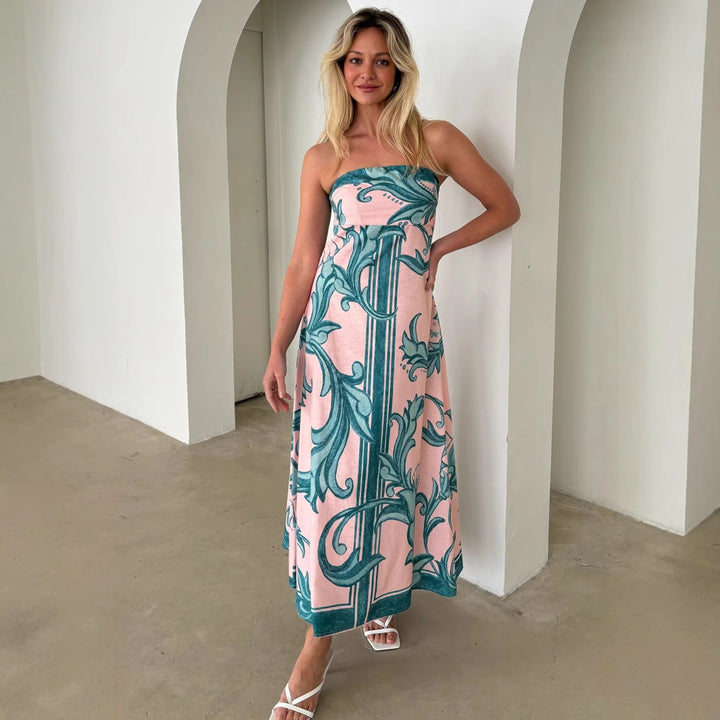 Women's Bandeau Maxi Dress with Elegant Floral Print and Flowing Cut