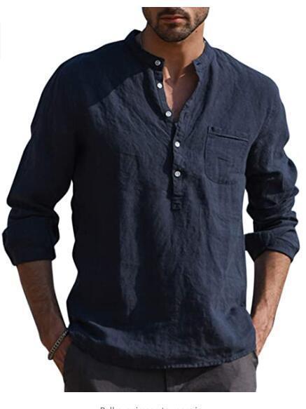 Men's linen shirt with classic Henley neckline and chest pocket Lisslune