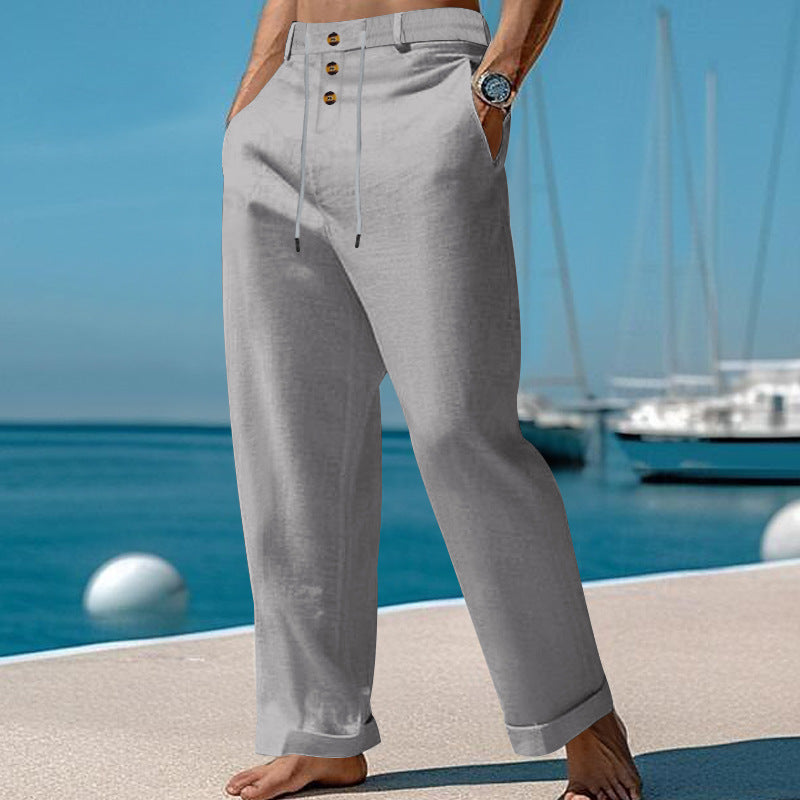 Men's casual linen pants with adjustable waistband and button placket Lisslune