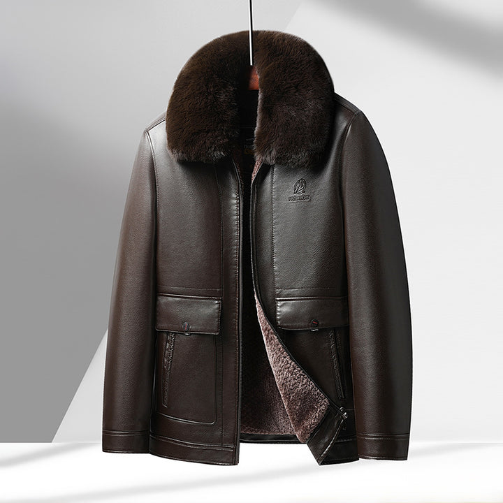 Men's Luxurious Leather Jacket with Removable Synthetic Fur Collar Lisslune