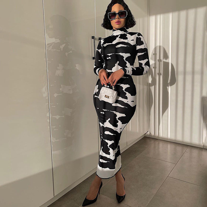 Women's Bodycon Dress with High Collar and Graphic Pattern Lisslune