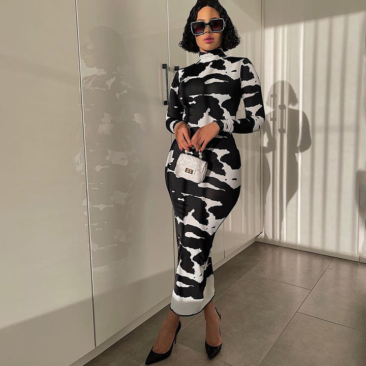 Women's Bodycon Dress with High Collar and Graphic Pattern Lisslune