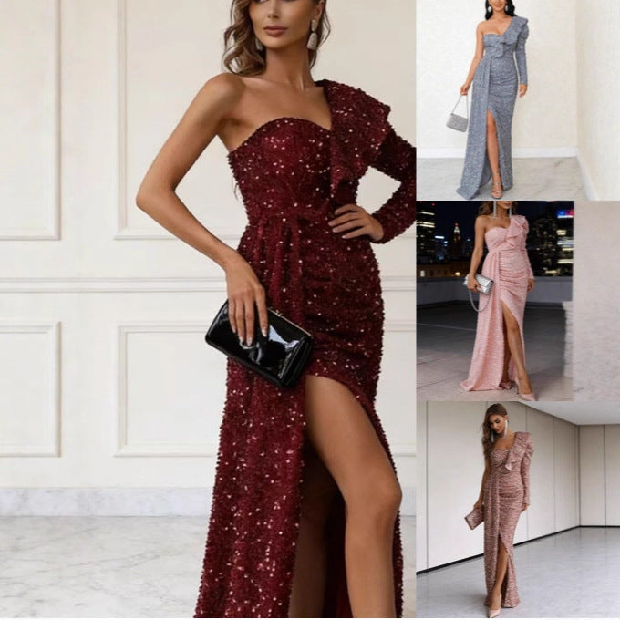 Women's Glamorous Evening Dress with Asymmetrical Cut and Sparkling Sequins