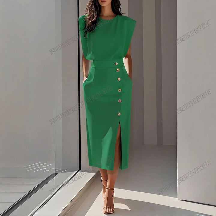 Women's Elegant Evening Dress with High Shoulders and Side Slit Lisslune