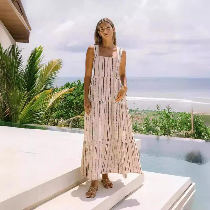 Ladies' maxi dress with adjustable straps and unique striped pattern Lune London