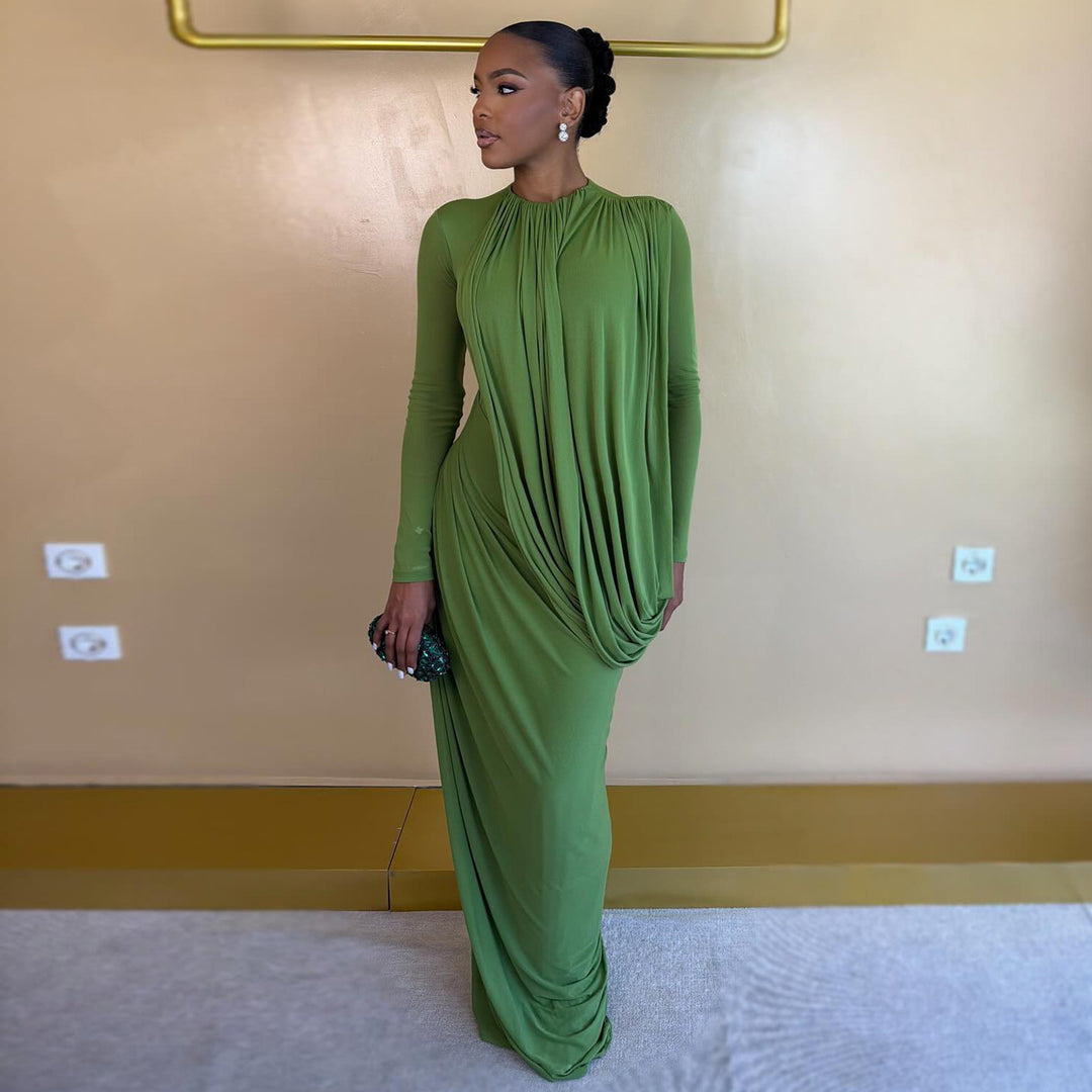 Ladies maxidress with innovative draping and figure-hugging cut