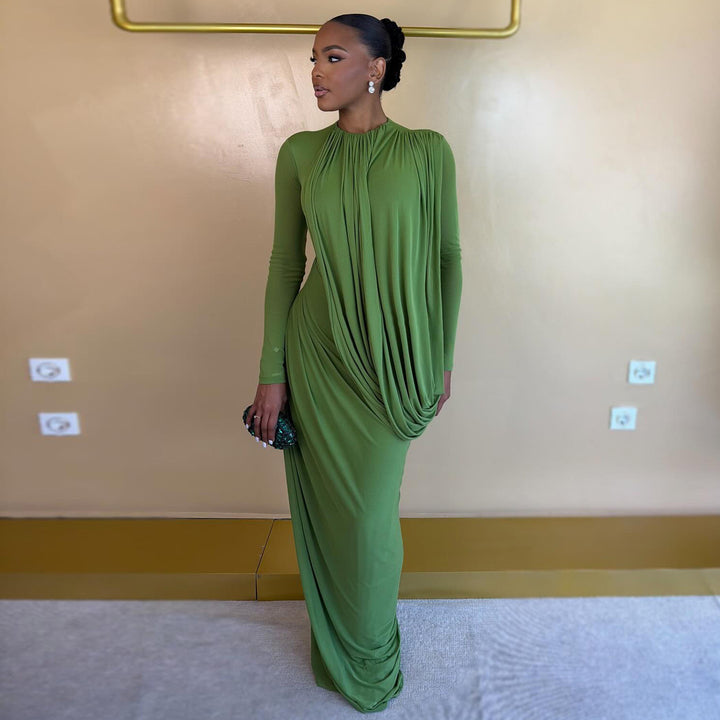 Ladies maxidress with innovative draping and figure-hugging cut