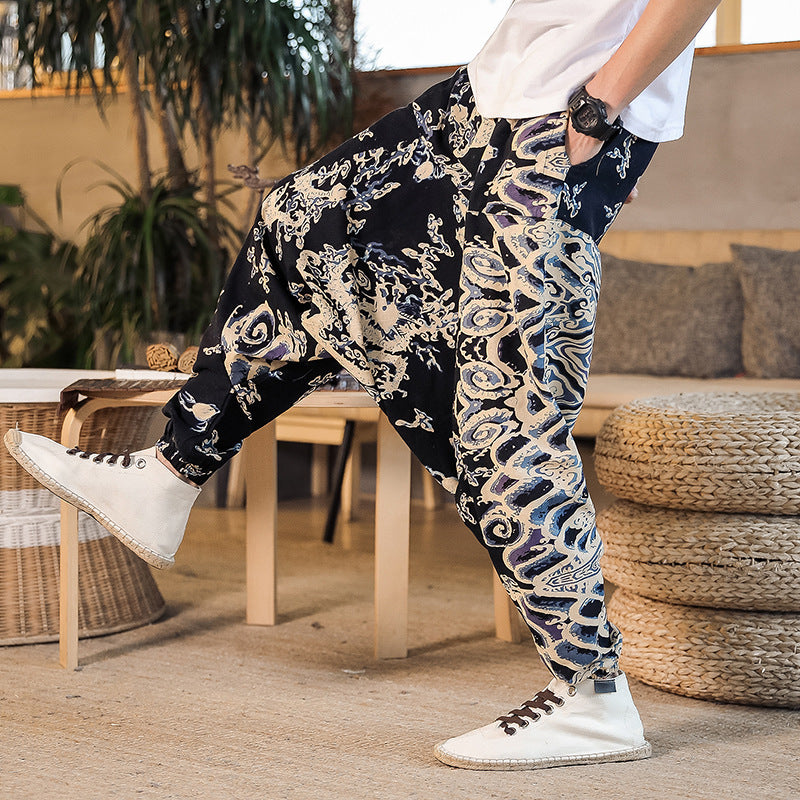 Men's casual harem pants with colorful art motif and elastic waistband Lisslune