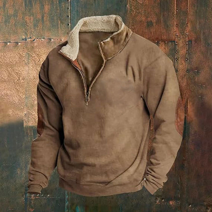 Men's sporty fleece pullover with contemporary stand-up collar and fashionable synthetic leather applications Lisslune