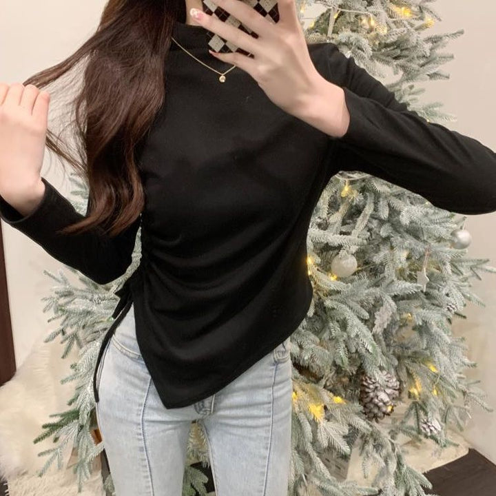 Women's long sleeve top with beautiful wrap design and high collar