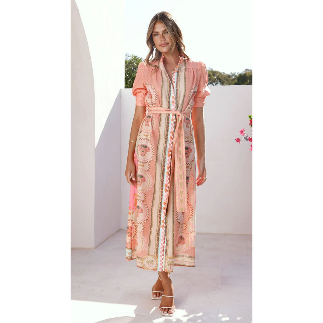 Women's maxi dress with sophisticated pattern and waist lacing Lune London