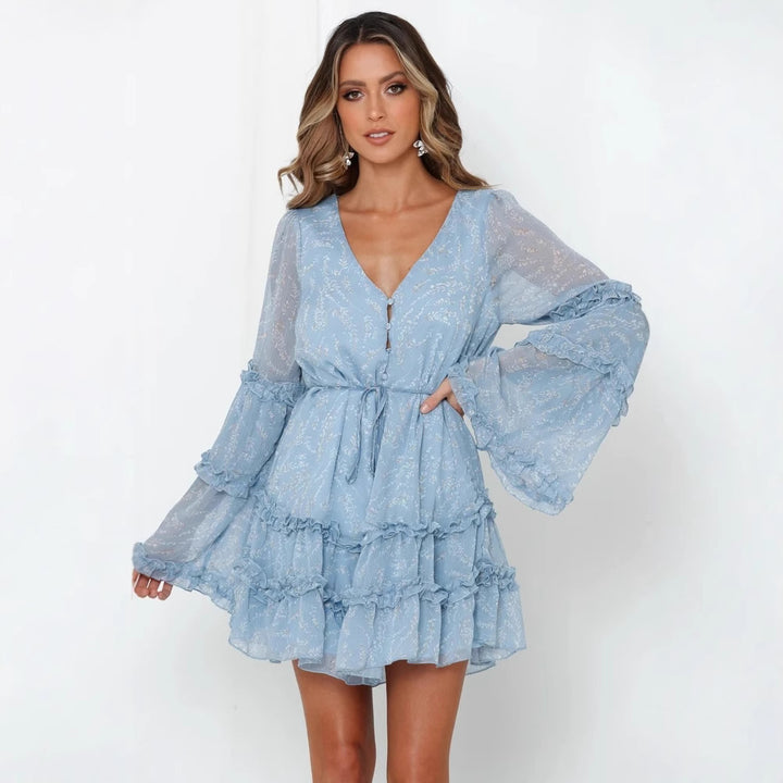 Women's ruffled dress with long, transparent sleeve and tie belt Lune London