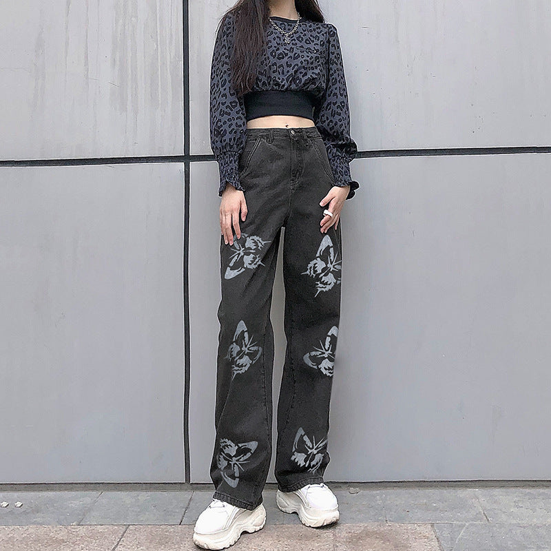 Damen weite Jeans mit auffälligem Schmetterlingsdruck Lisslune