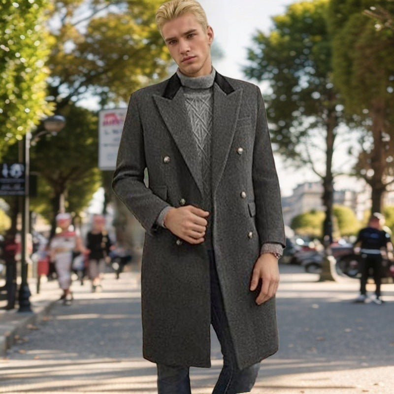 Men's modern urban coat with double-breasted button closure and velvet collar Lisslune
