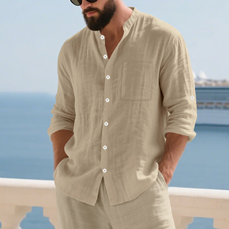 Men's linen shirt with modern stand-up collar and practical breast pocket Lisslune