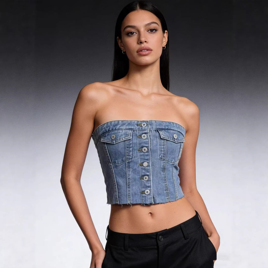 Women's Denim Bustier Top with Button Detail and Fringes Lisslune