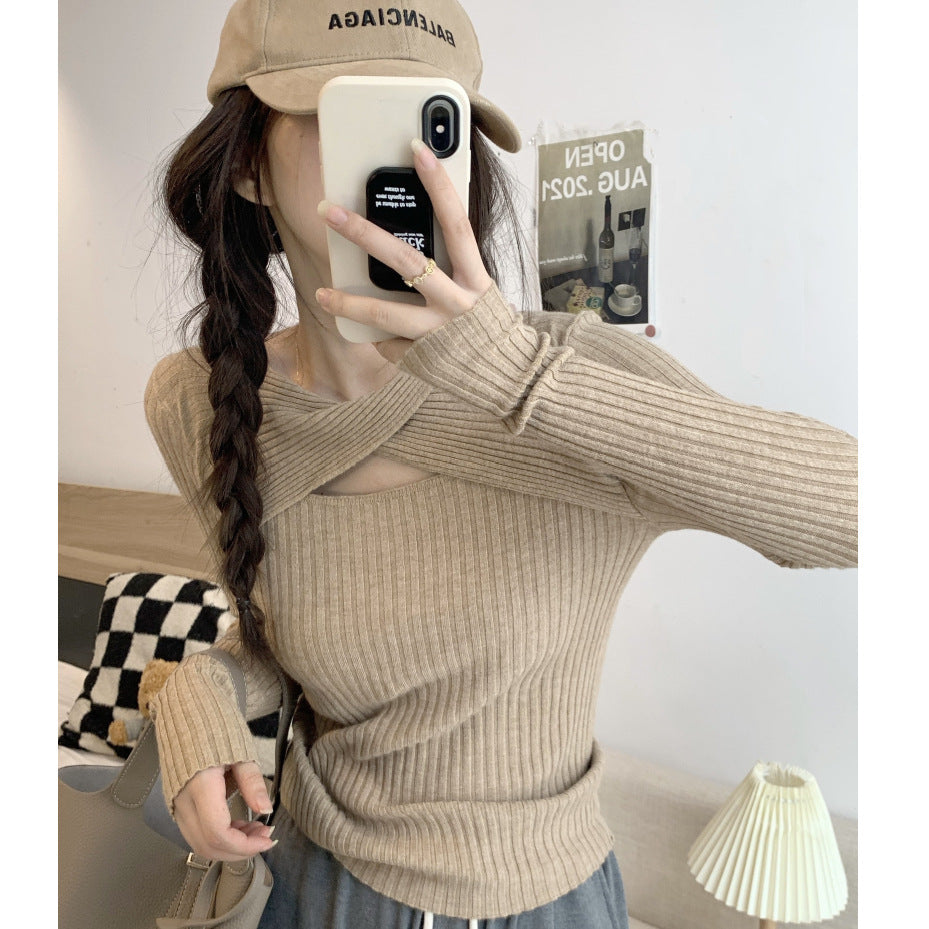 Women's long sleeve shirt with open shoulder area and rib knit pattern Lisslune
